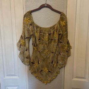 Vintage Y2K Aftershock 100% Silk Fairy Blouse Beaded Flutter Sleeves